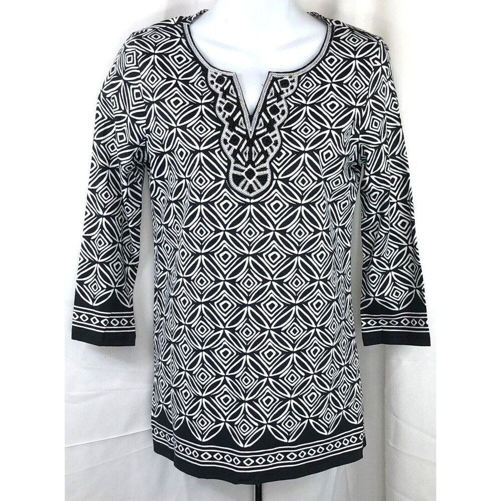 Charter club kimono tunic top S blk wht geo abstract Art beaded V-neck tribal